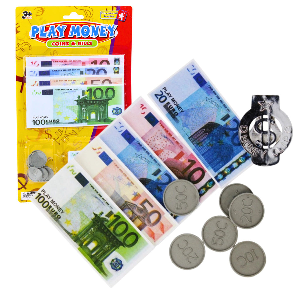Conjunto Dinheiro Brinquedo Euro Notas Moedas