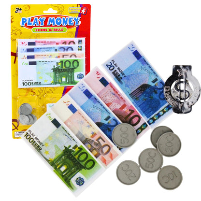 Conjunto Dinheiro Brinquedo Euro Notas Moedas