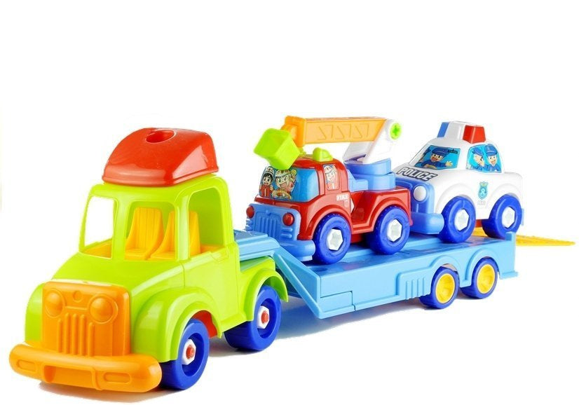 Conjunto de veículos desmontáveis polícia, camião de bombeiros e camião de transporte