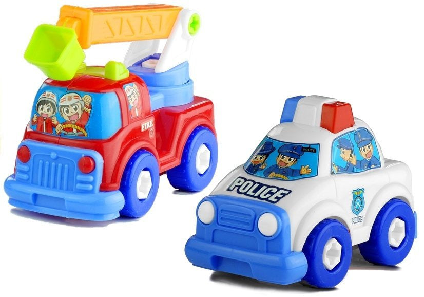 Conjunto de veículos desmontáveis polícia, camião de bombeiros e camião de transporte