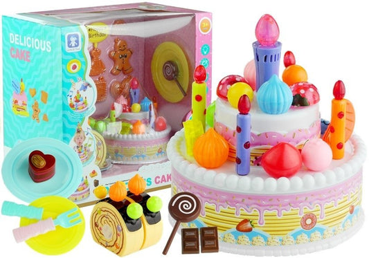 Conjunto de aniversário com bolo, bolachas, velas e gelado