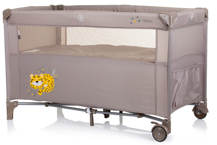 Cama de viagem 2 níveis com lateral rebatível Chipolino Relax Macadamia Tiger