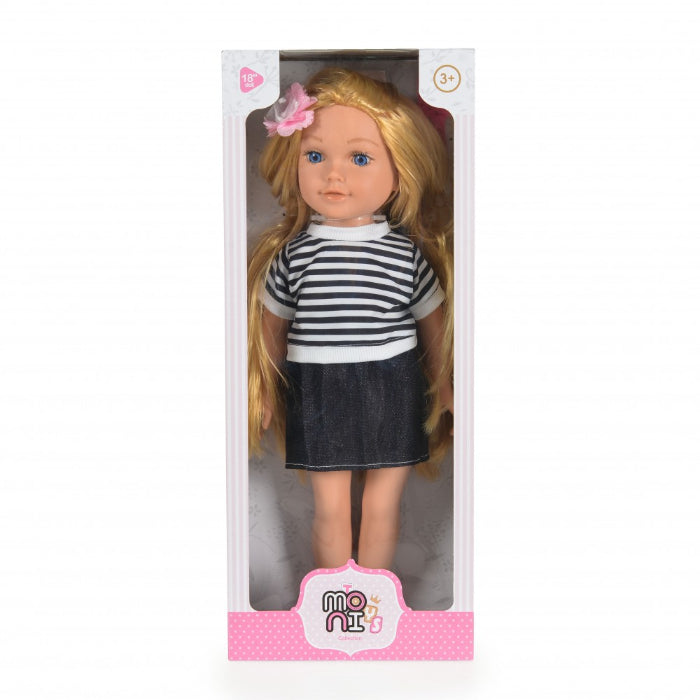 Boneca Pretty Girl Moni blusa Azul e branca com riscas 46 cm