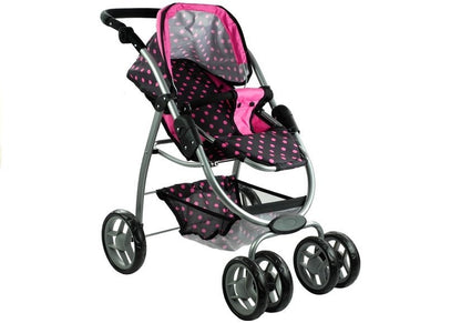 Carrinho e stroller 2 em 1 para boneca Alice preto com pintas rosa