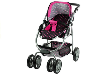 Carrinho e stroller 2 em 1 para boneca Alice preto com pintas rosa