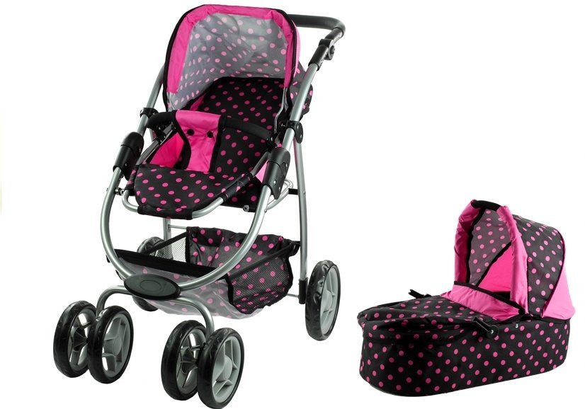 Carrinho e stroller 2 em 1 para boneca Alice preto com pintas rosa
