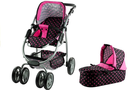 Carrinho e stroller 2 em 1 para boneca Alice preto com pintas rosa