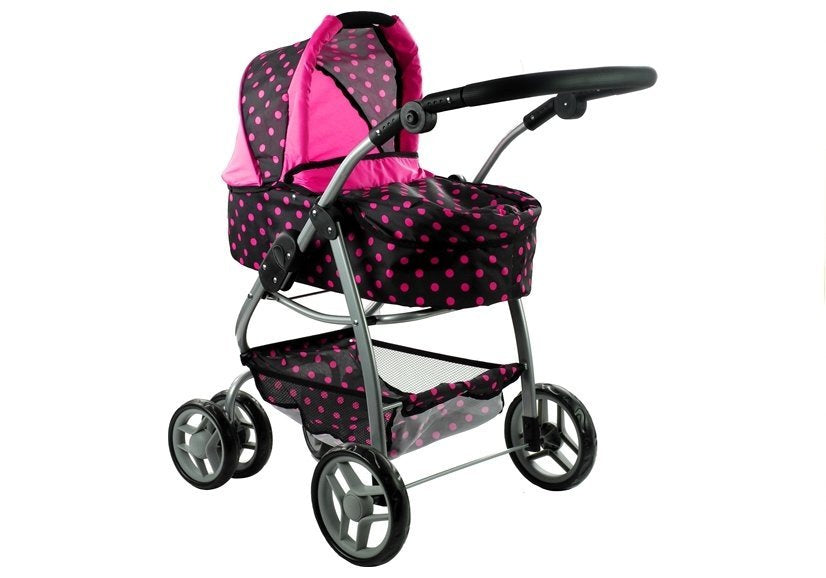 Carrinho e stroller 2 em 1 para boneca Alice preto com pintas rosa