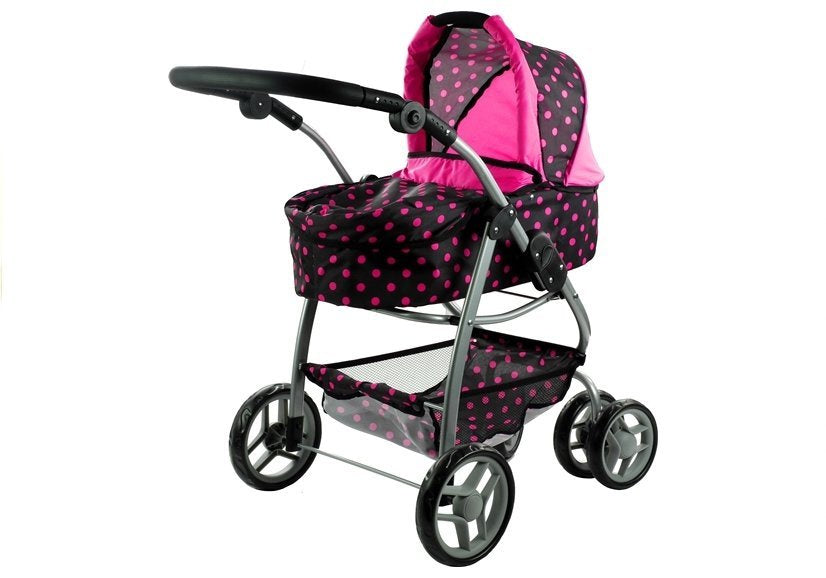 Carrinho e stroller 2 em 1 para boneca Alice preto com pintas rosa