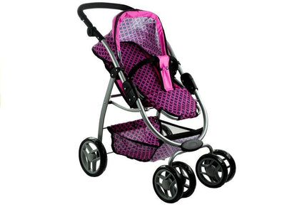 Carrinho e stroller 2 em 1 para boneca Alice rosa com pintas preto