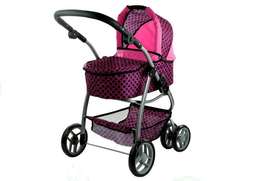Carrinho e stroller 2 em 1 para boneca Alice rosa com pintas preto
