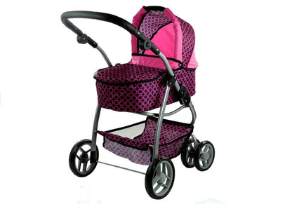 Carrinho e stroller 2 em 1 para boneca Alice rosa com pintas preto