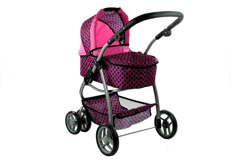 Carrinho e stroller 2 em 1 para boneca Alice rosa com pintas preto