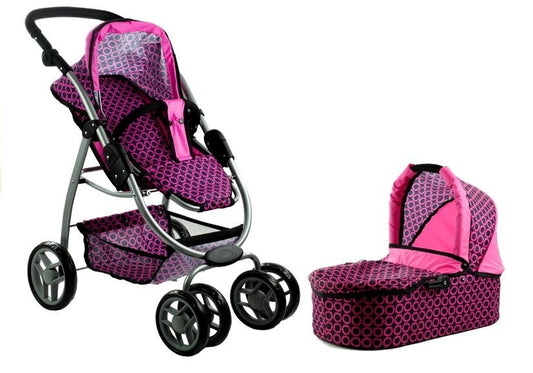 Carrinho e stroller 2 em 1 para boneca Alice rosa com pintas preto