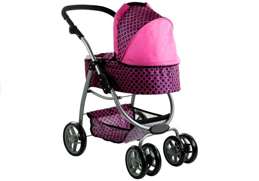 Carrinho e stroller 2 em 1 para boneca Alice rosa com pintas preto