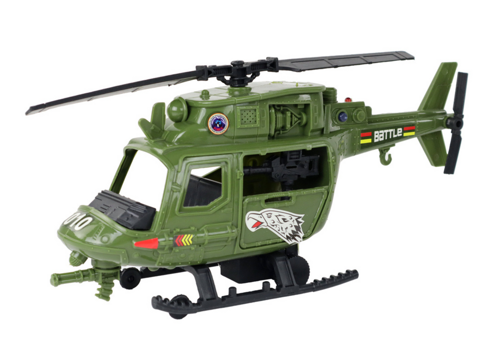 Militar com helicóptero, veículo de combate, torre de controlo e soldado