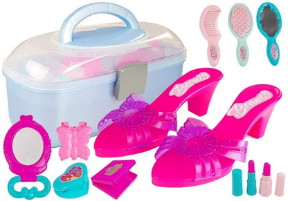 Mala de beleza infantil com sapatos salto alto e colar