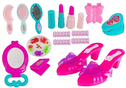 Mala de beleza infantil com sapatos salto alto e colar