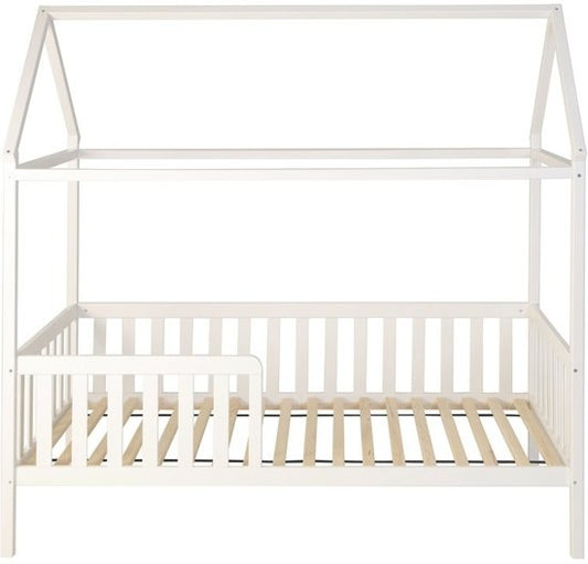 Cama infantil tipo casa 200 x 90 cm em madeira branca com grade