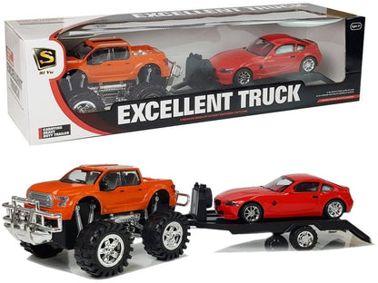 Conjunto veículos camião monstro laranja BMW caravana vermelha 58 cm