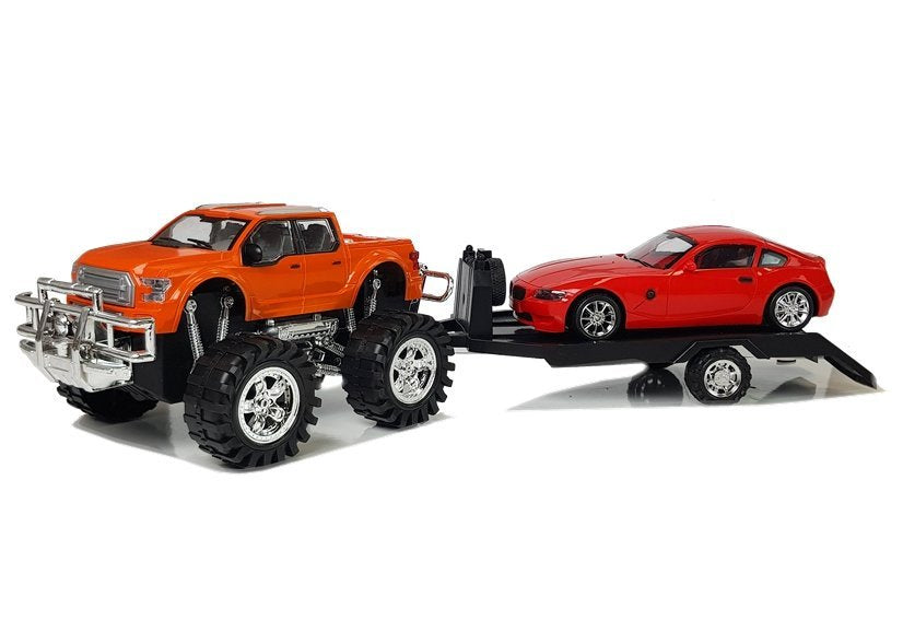 Conjunto veículos camião monstro laranja BMW caravana vermelha 58 cm