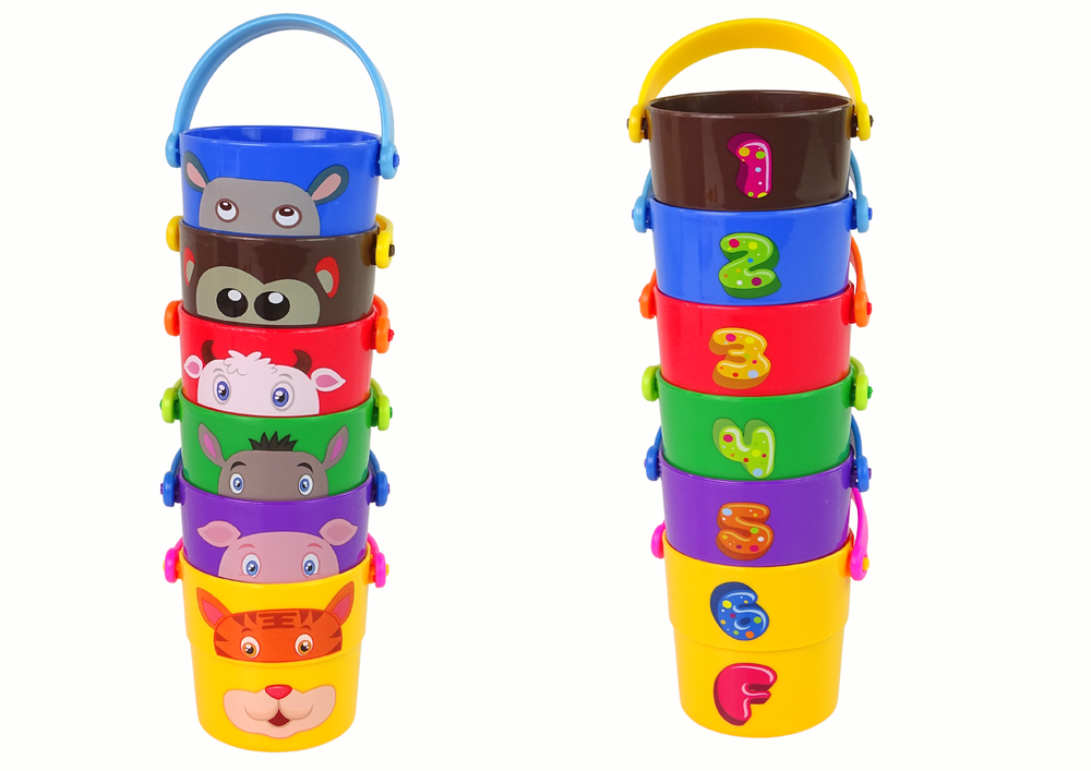Conjunto baldes coloridos animais empilháveis