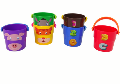 Conjunto baldes coloridos animais empilháveis