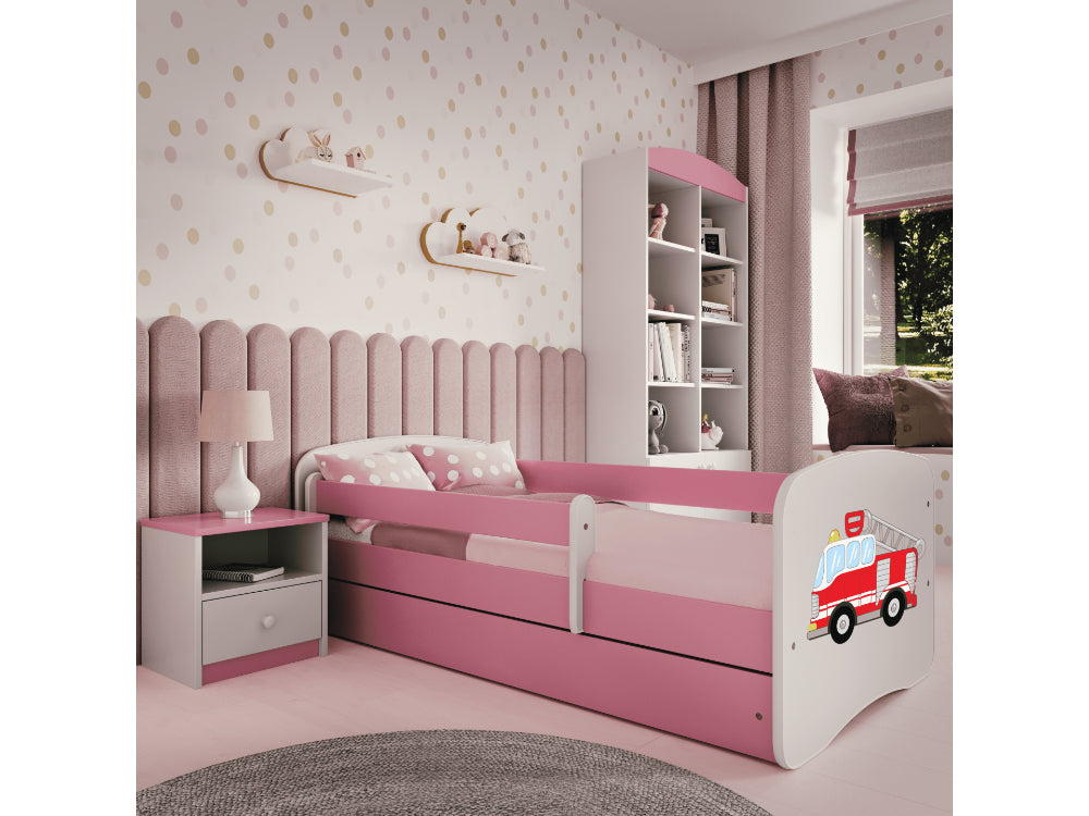 Cama 160 x 80 cm Kocot Kids com gaveta e colchão BabyDreams Fire Brigade Pink