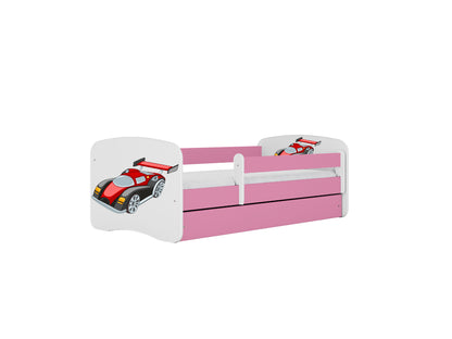 Cama 160 x 80 cm Kocot Kids com gaveta e colchão não inflamável BabyDreams Racing Car Pink
