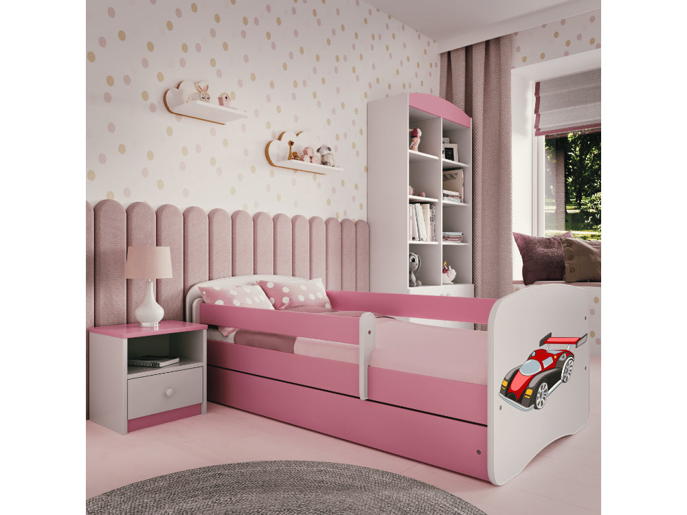 Cama 180 x 80 cm Kocot Kids com gaveta e colchão BabyDreams Racing Car Pink