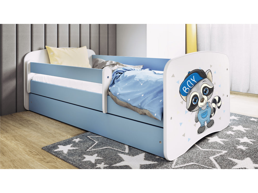 Cama 160 x80 cm Kocot Kids com gaveta e colchão BabyDreams Raccoon Blue