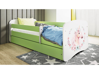 Cama 160 x80 cm Kocot Kids com gaveta e colchão BabyDreams Horse Green