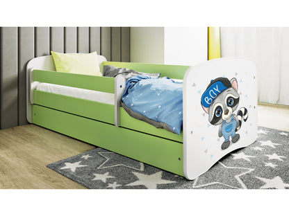 Cama 160 x80 cm Kocot Kids com gaveta e colchão BabyDreams Raccoon Green