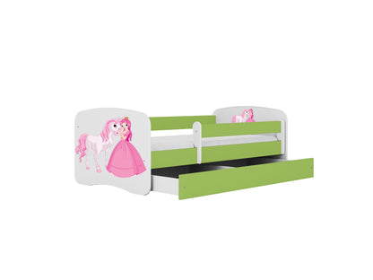 Cama 140 x 70 cm Kocot Kids com gaveta e colchão BabyDreams Princess and Horse Green