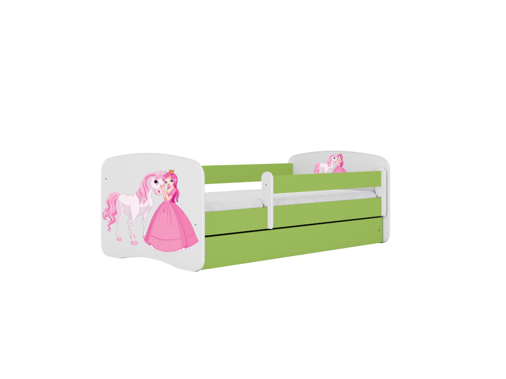 Cama 180 x 80 cm Kocot Kids com gaveta e colchão BabyDreams Princess and Horse Green