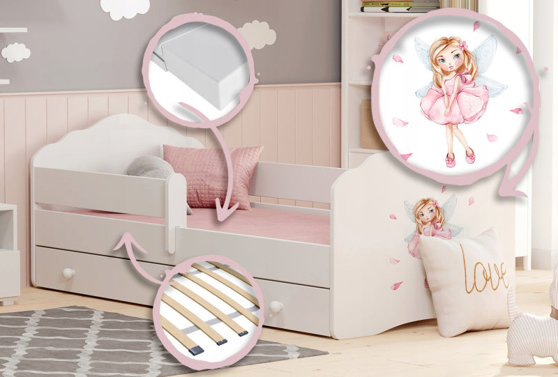Cama de criança 140 x 70 com gaveta, colchão e estrado incluídos Kobi Wave Girl with wings