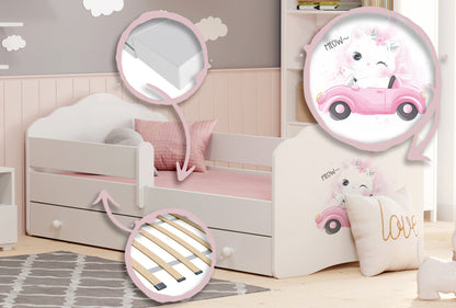 Cama de criança 140 x 70 com gaveta, colchão e estrado incluídos Kobi Wave Cat