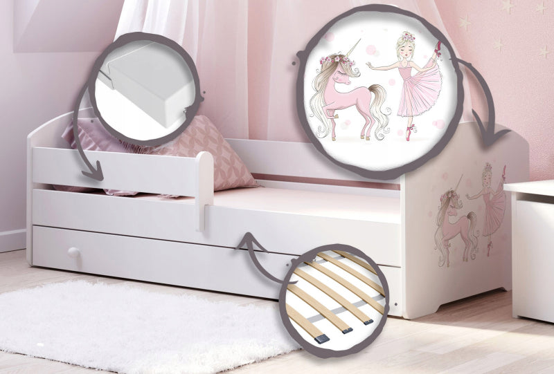 Cama de criança 140 x 70 com gaveta, colchão e estrado incluídos Kobi Luk Girl with unicorn