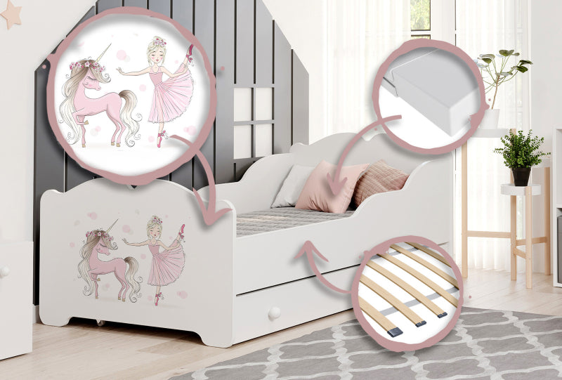 Cama de criança 140 x 70 com gaveta, colchão e estrado incluídos Kobi Anna Girl with unicorn