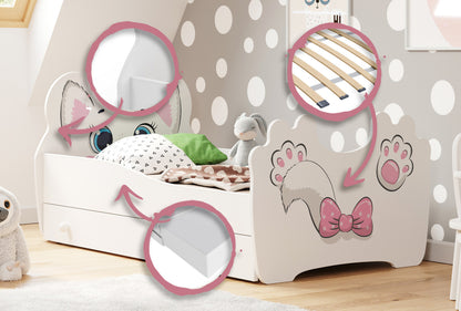 Cama de criança com gaveta, colchão e estrado incluídos 140 x 70 Kobi Pink Cat