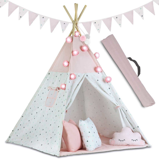 Tenda tipi infantil com luz e grinaldas rosa