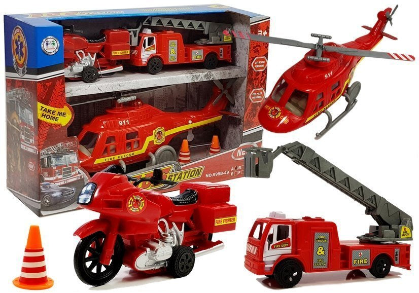 Conjunto veículos bombeiros helicóptero luz som