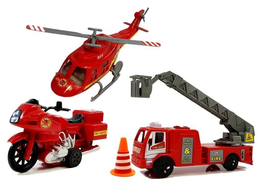 Conjunto veículos bombeiros helicóptero luz som