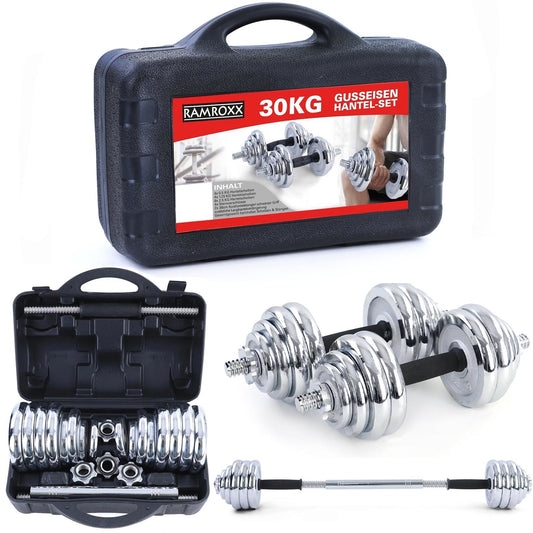 Conjunto de halteres 30 kg com barra cromado com mala