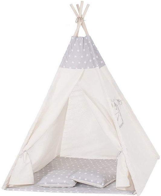 Tenda tipi infantil em algodão bege e cinza 160x120x100 cm com capas almofada