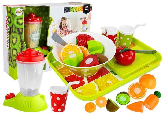 Conjunto frutas legumes liquidificador pilhas tabuleiro