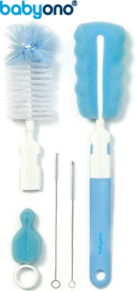 Baby Ono - Conjunto de escova para biberões e tetinas com pega removã­vel e mini esponja azul