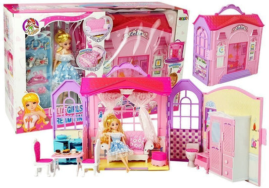 Casa bonecas dobrável com acessórios cozinha casa banho quarto
