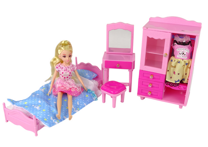 Boneca com móveis, cama, guarda-roupa e Toucador