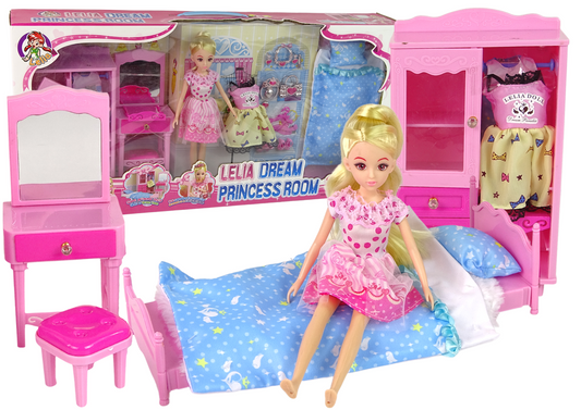 Boneca com móveis, cama, guarda-roupa e Toucador